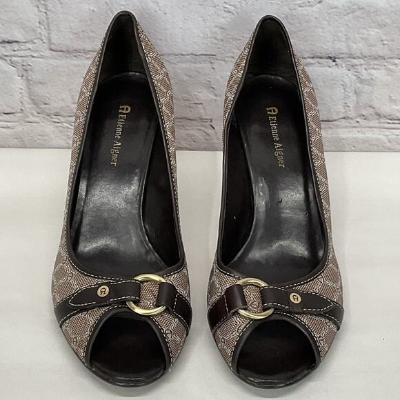 Etienne Aigner Shoes - Etienne Aigner Copa Pumps Woman’s 10 Logo Fabric Lether Upper Peep Toe Career